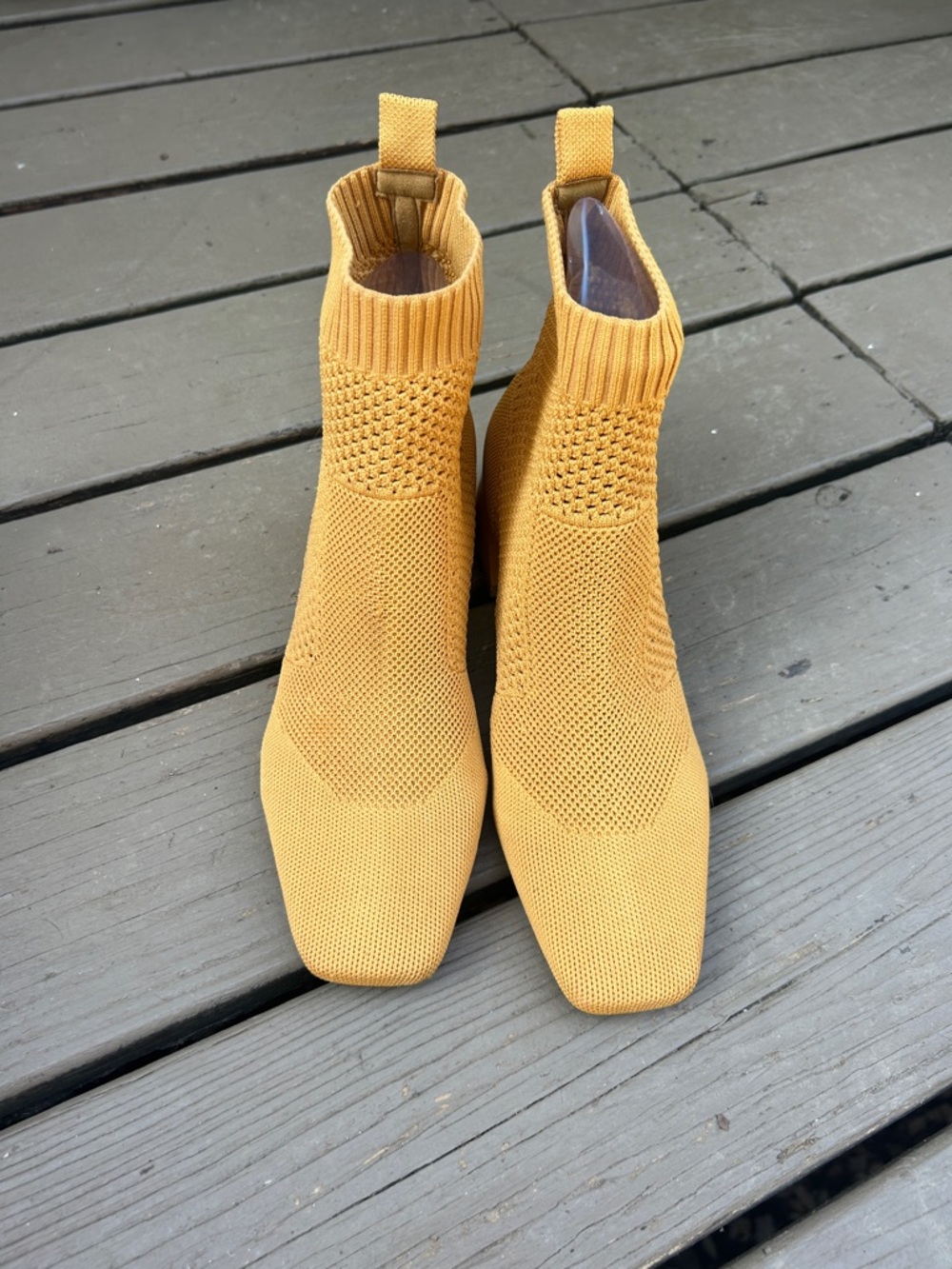 Vivaia Square-Toe Knit Sock Booties in Mustard Yellow | Size US 9.5 EU 41 -$199